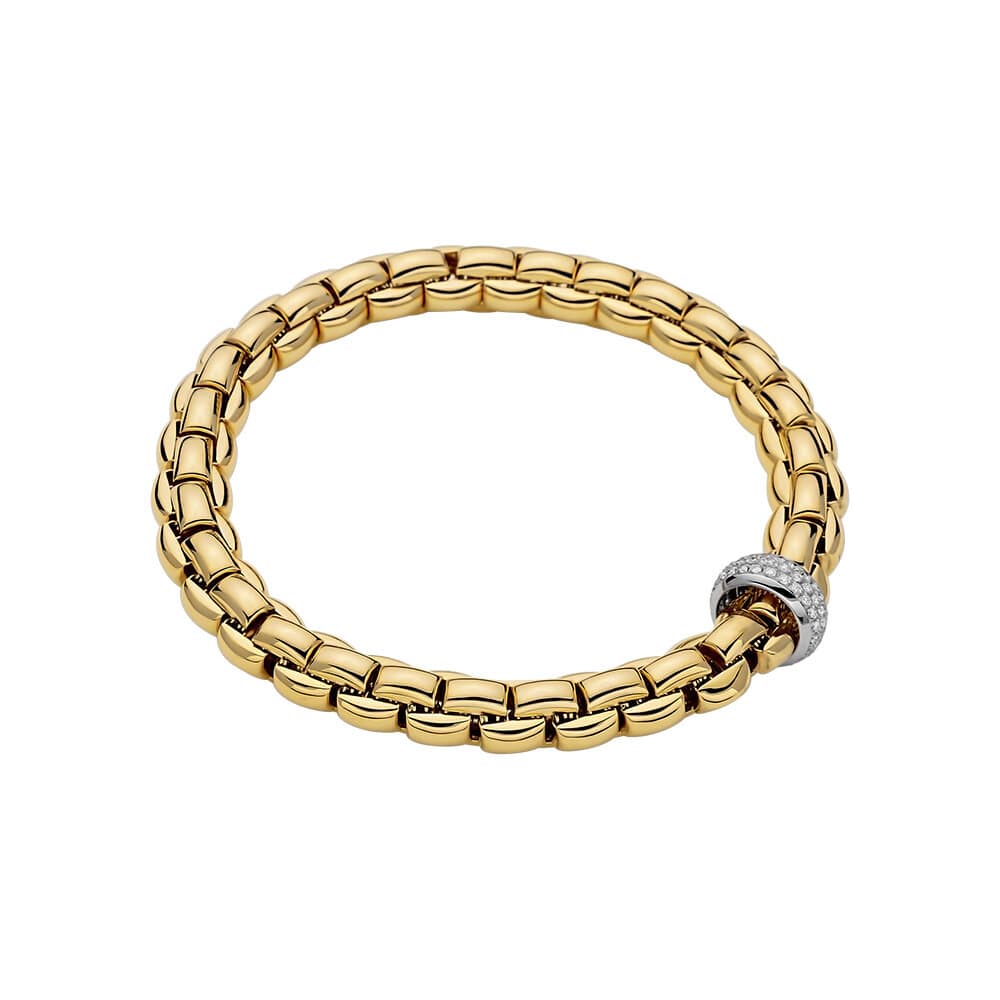 18K YELLOW GOLD FLEX'IT STRETCH BRACELET WITH 18K WHITE GOLD PAVE DIAMOND RONDELL STATION TOTALING 0.58CTS