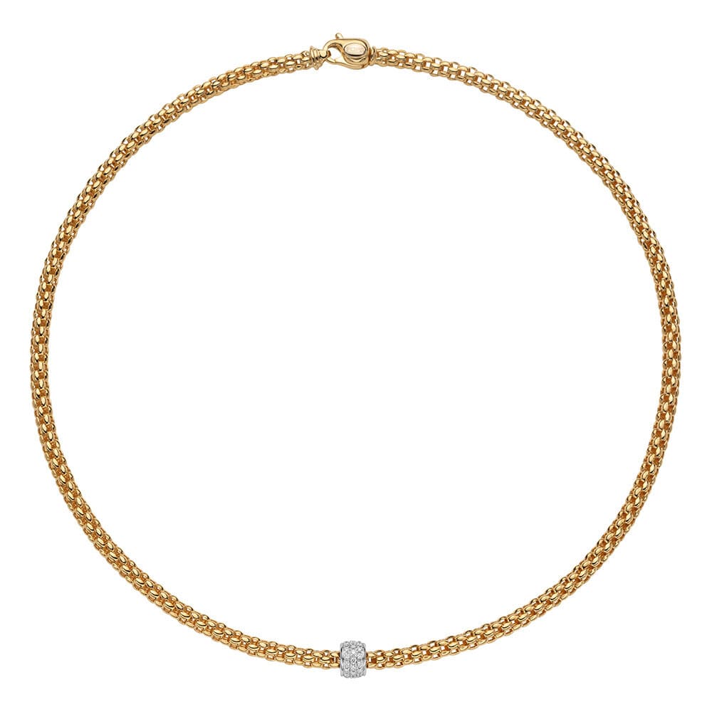 17" 18K YELLOW GOLD NECKLACE WITH SINGLE PAVE DIAMOND RONDELL TOTALING 0.29CTS