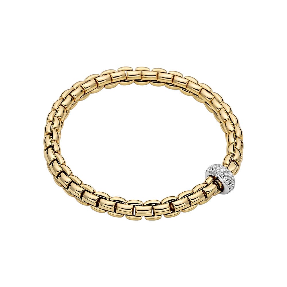 18K YELLOW GOLD EKA STRETCH BRACELET WITH WHITE GOLD AND THREE ROW DIAMOND RONDELL TOTALING 0.40CTS