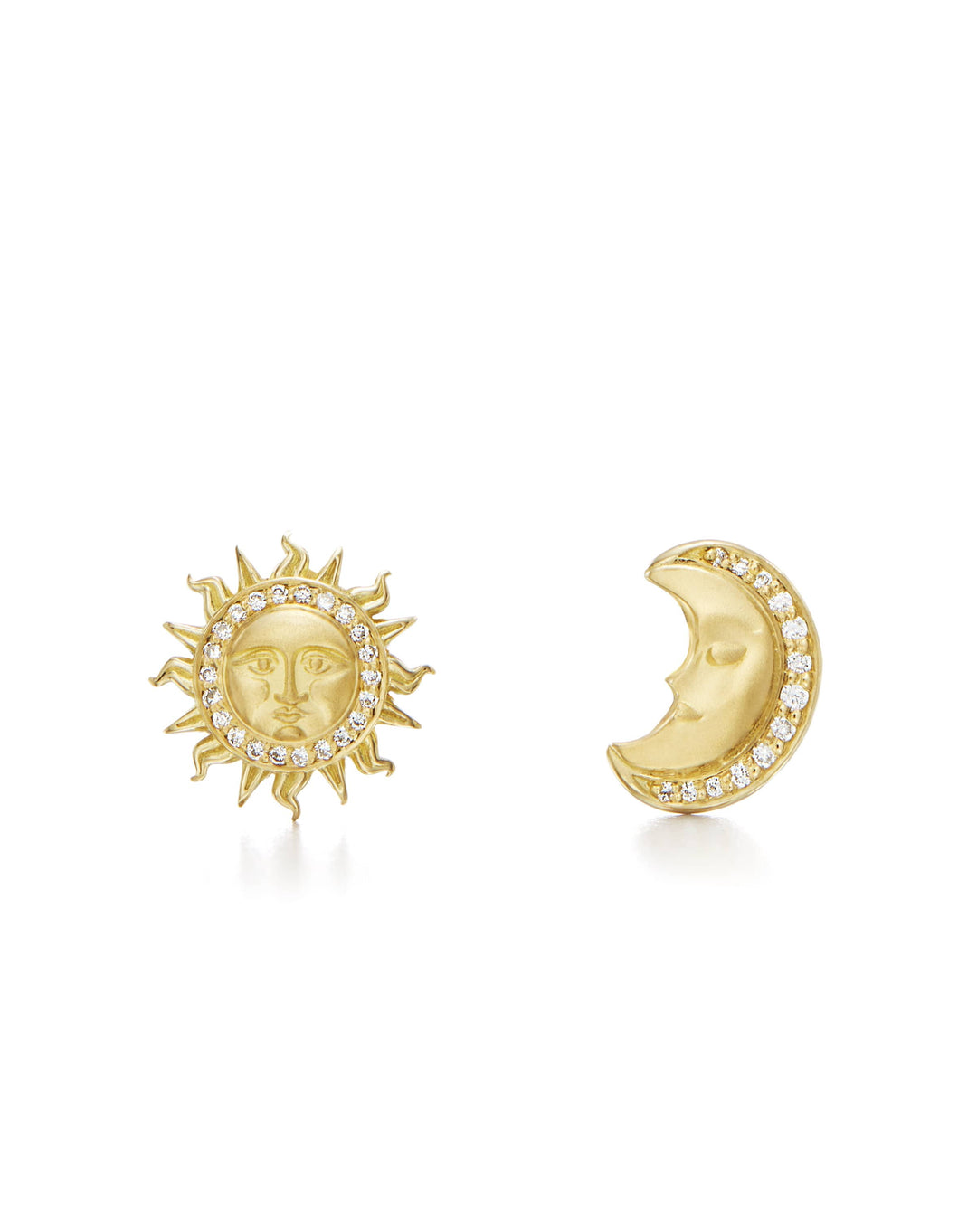 18K YELLOW GOLD STUD EARRINGS WITH ONE MOON STUD AND ONE SUN STUD WITH DIAMOND ACCENTS TOTALING 0.17CTS