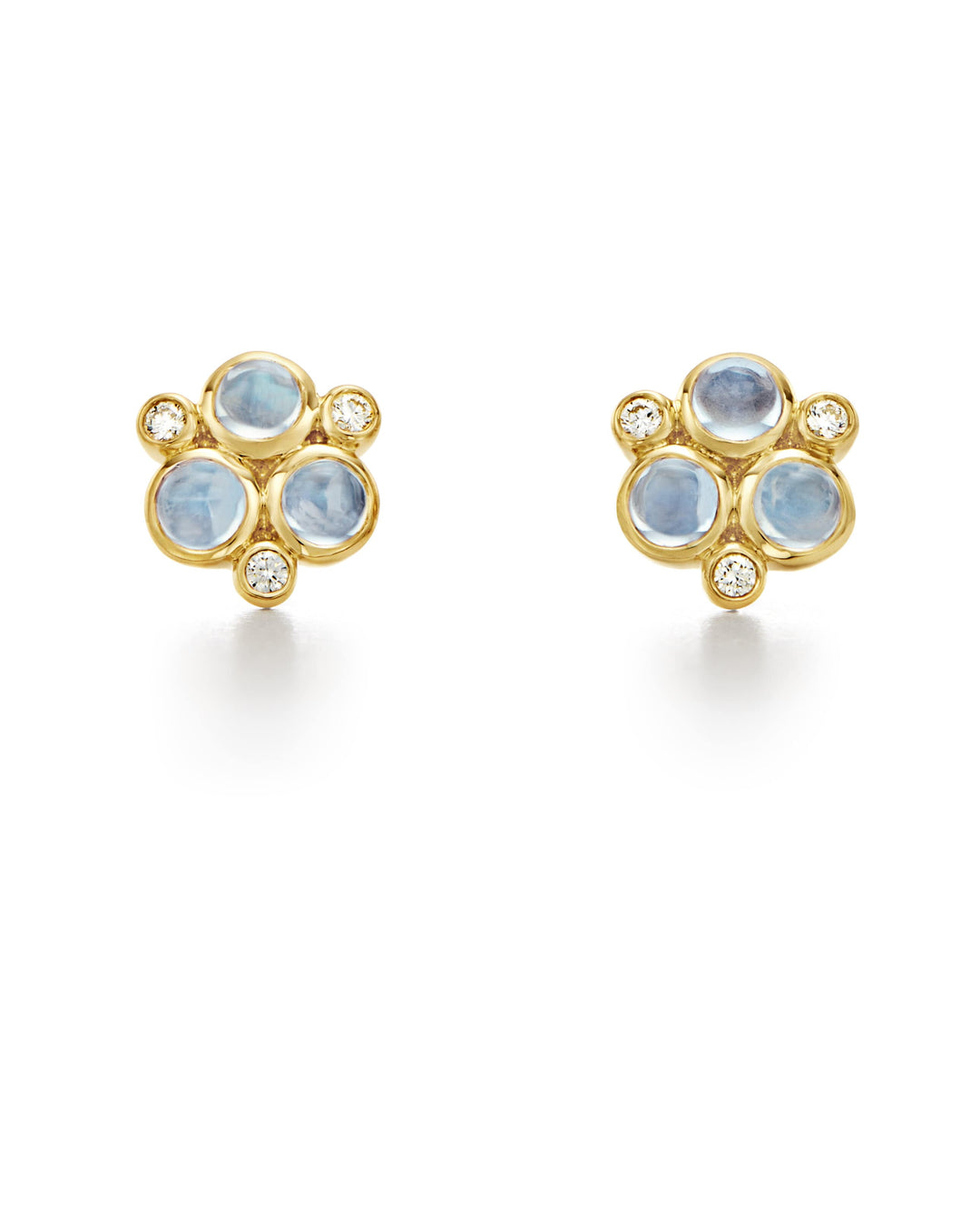 18K YELLOW GOLD TRIO STUD EARRINGS WITH BLUE MOONSTONES AND DIAMONDS TOTALING 0.20CTS