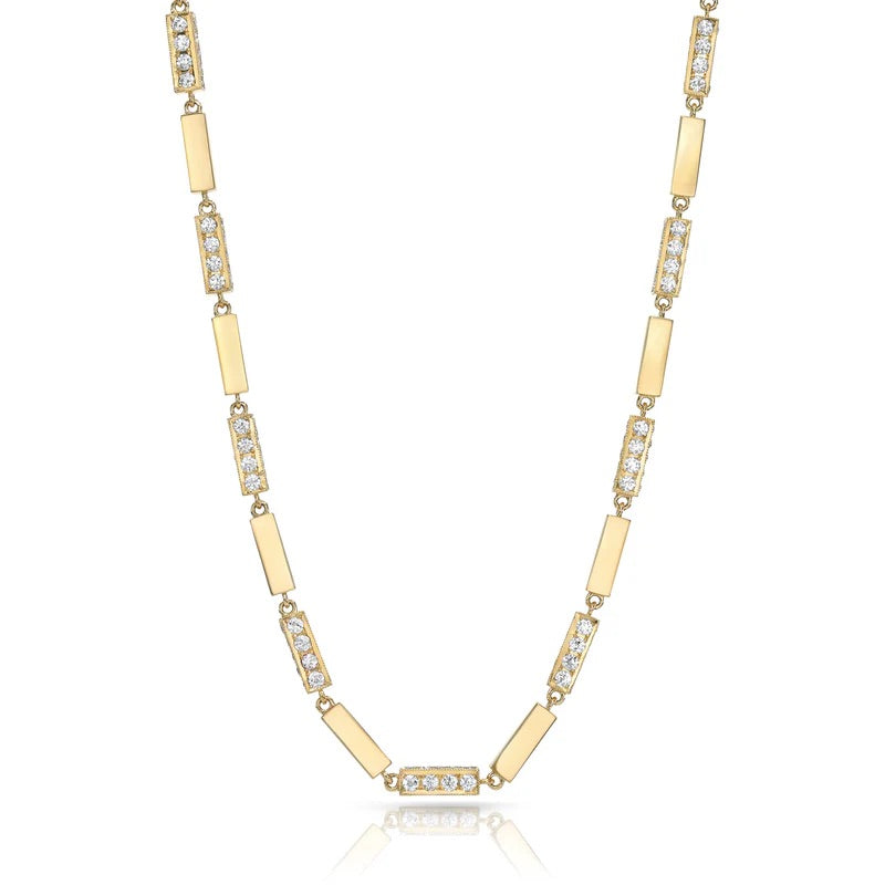 17.5 inch 18k yellow gold Giana bar link chain with alternating high polished links and alternating Old European diamond set links totaling 8.74 carats.