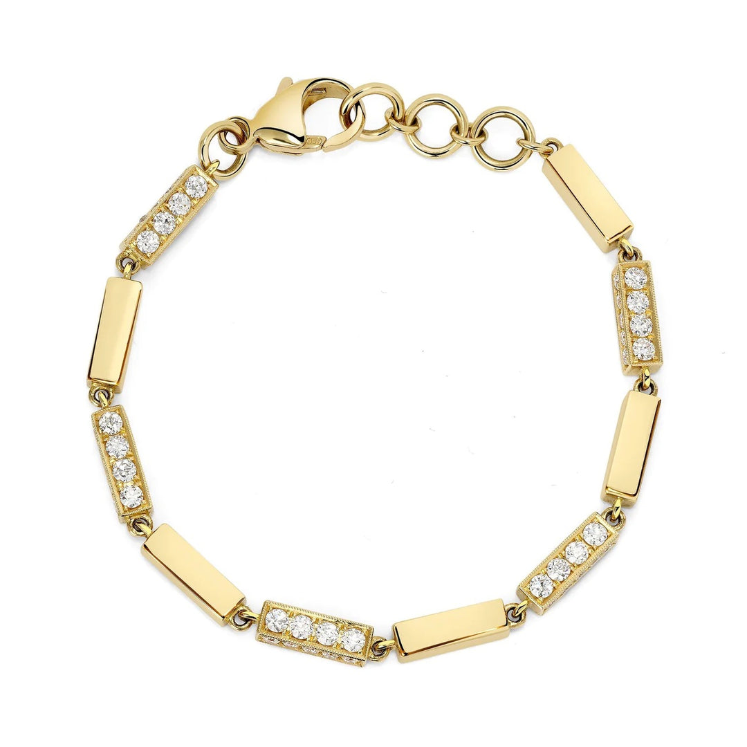 7.5 inch 18k yellow gold Giana bar link bracelet with alternating high polished links and alternating Old European diamond set links totaling 3.43 carats.