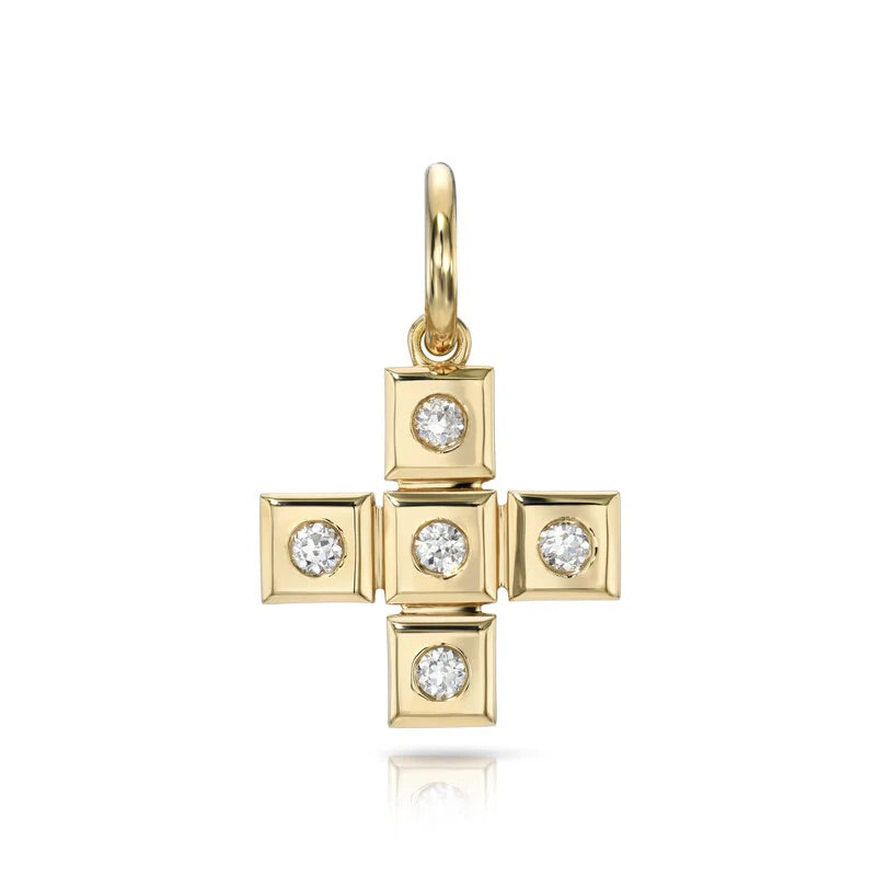18k yellow gold Hudson cross pendant with 5 Old European cut diamonds totaling 0.46 carats.