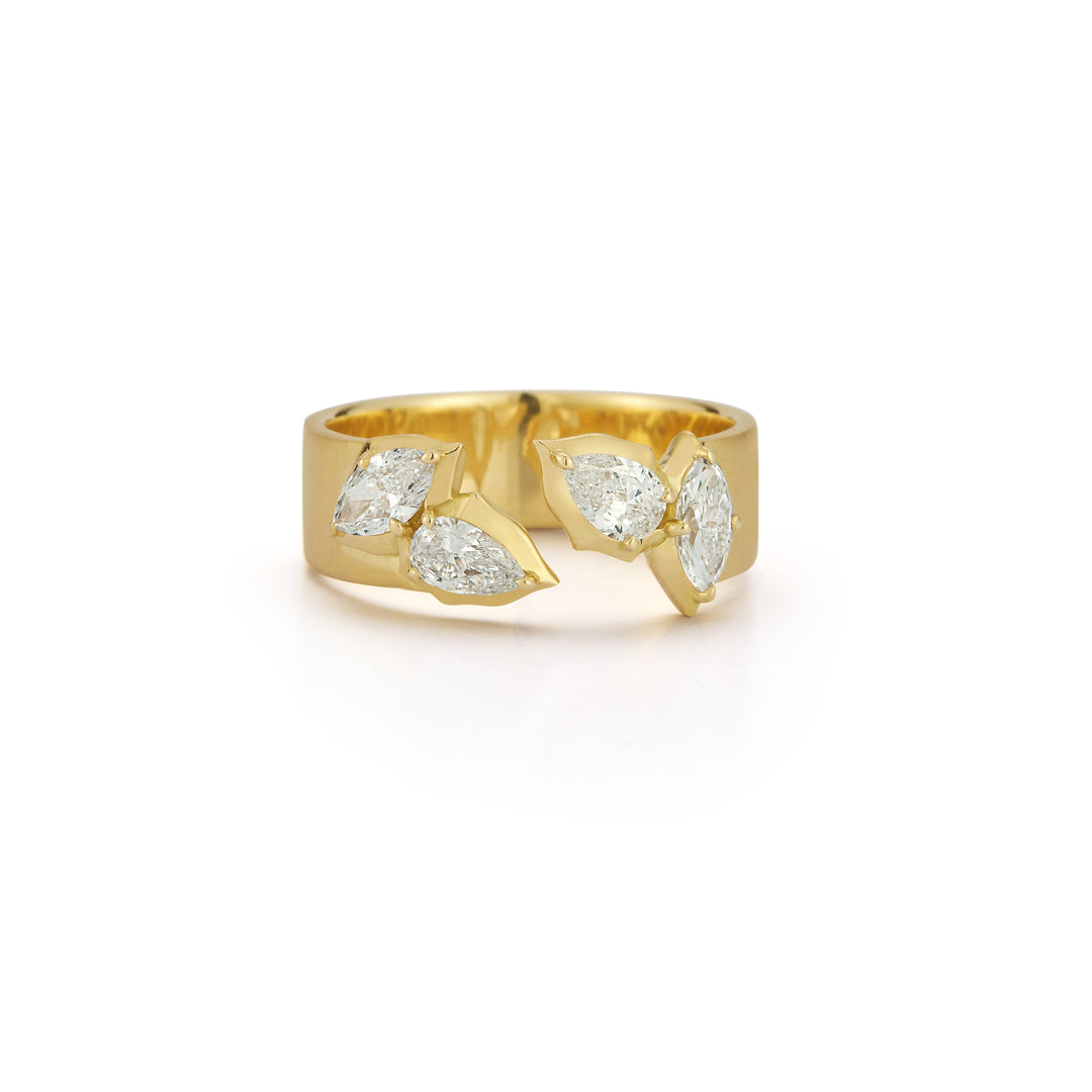 Jade Trau 18k yellow gold "Poppy" open band containing 2 marquise cut diamonds and 2 pear cut diamonds all totaling 0.80cts