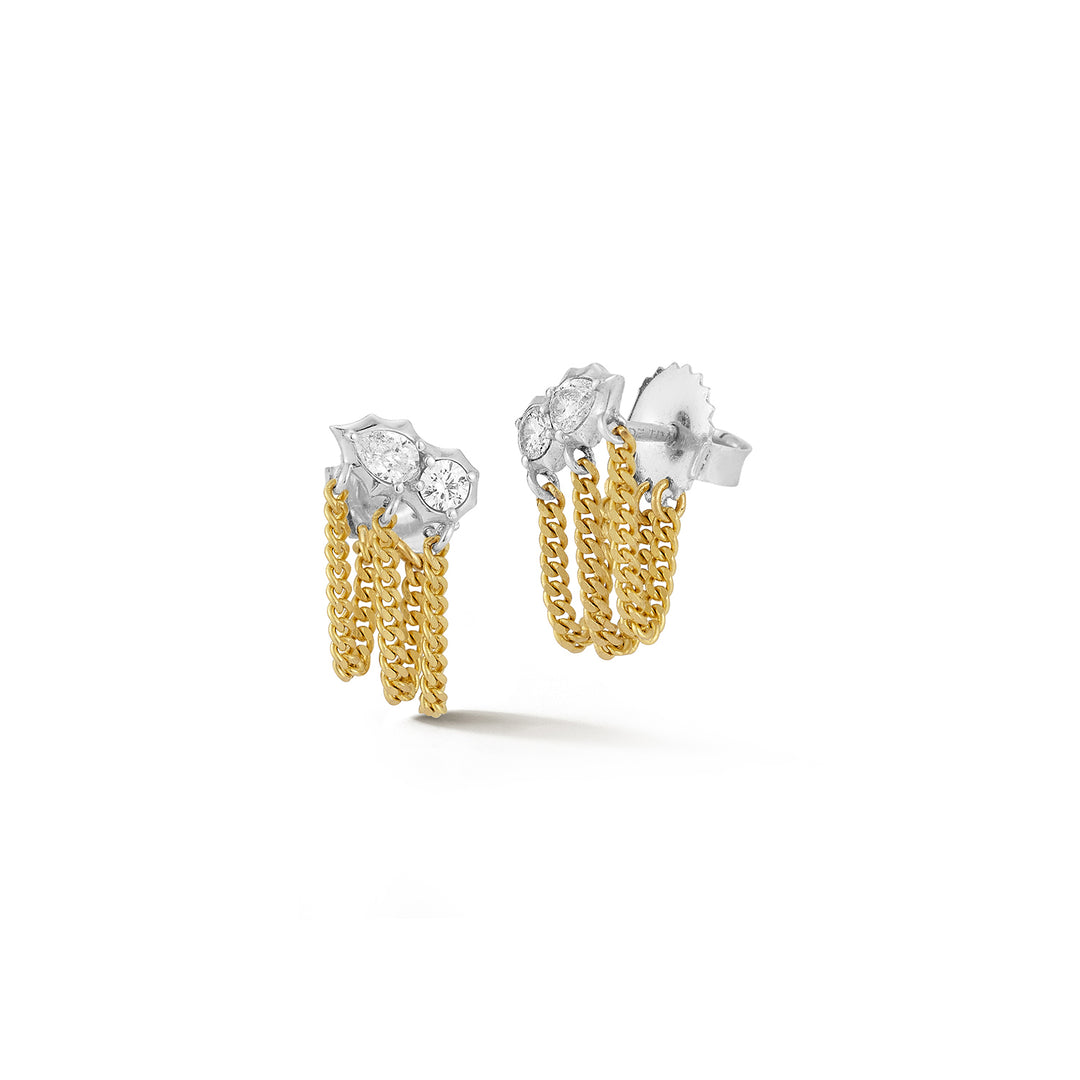 Jade Trau 18k yellow gold and Platinum "Posey" triple chain loop earrings with two rounds and two pear cut diamonds totaling 0.26cts