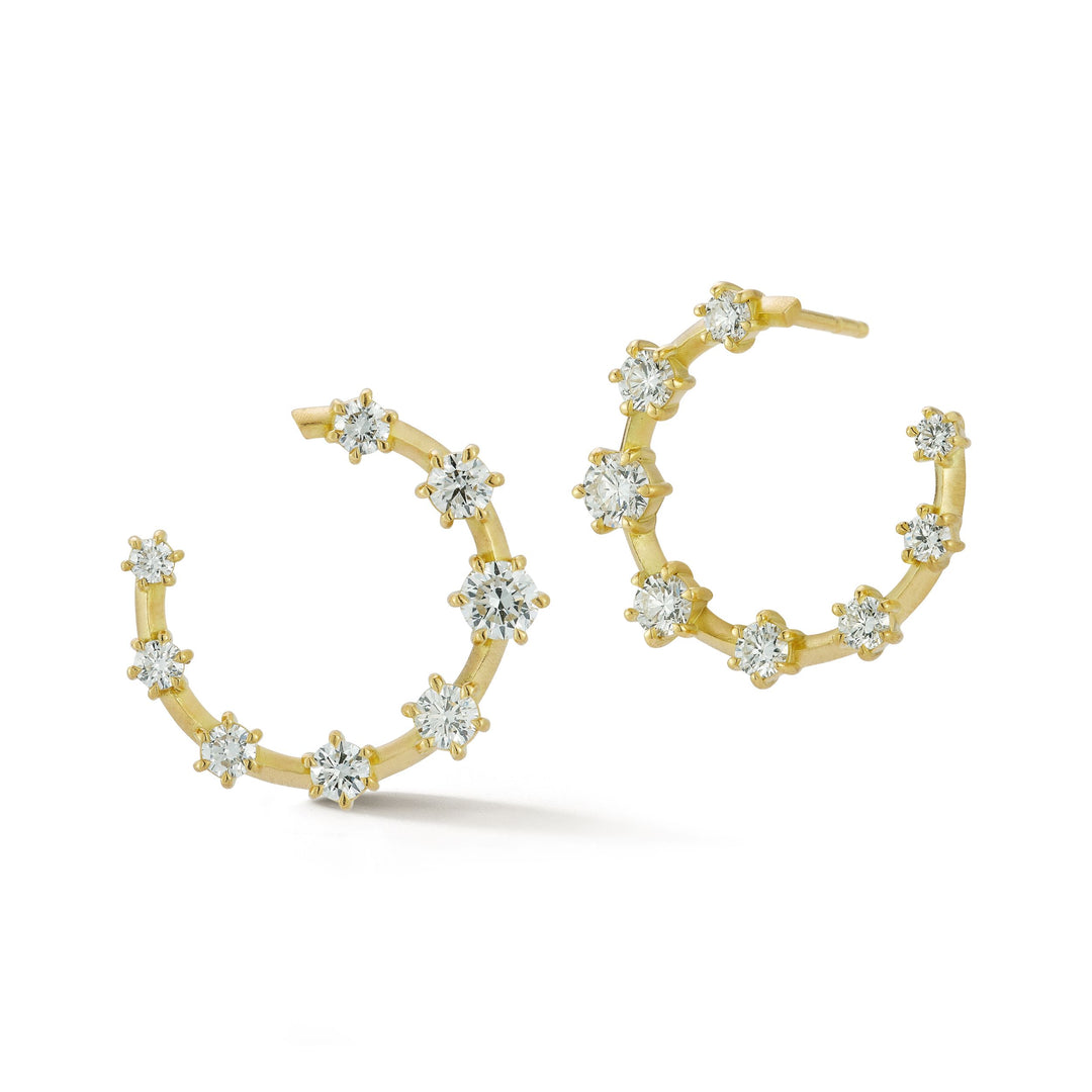 Jade Trau 18k yellow gold large "Kismet" hoops containing 16 graduate round diamonds totaling 1.31cts