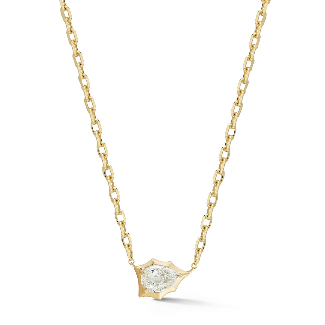 Jade Trau 18" 18k yellow gold cable chain with bezel set diamond station containing one pear cut diamond totaling 0.50cts