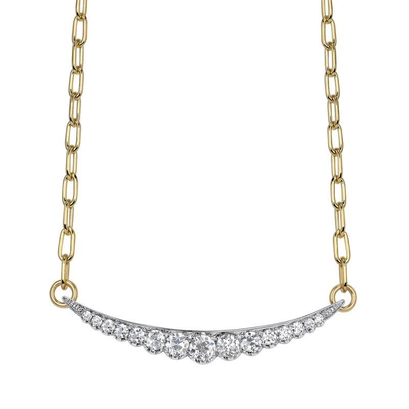 17 inch 18k yellow gold Ophelia curved graduate diamond bar necklace containing 1.75 carats of Old European cut diamonds.