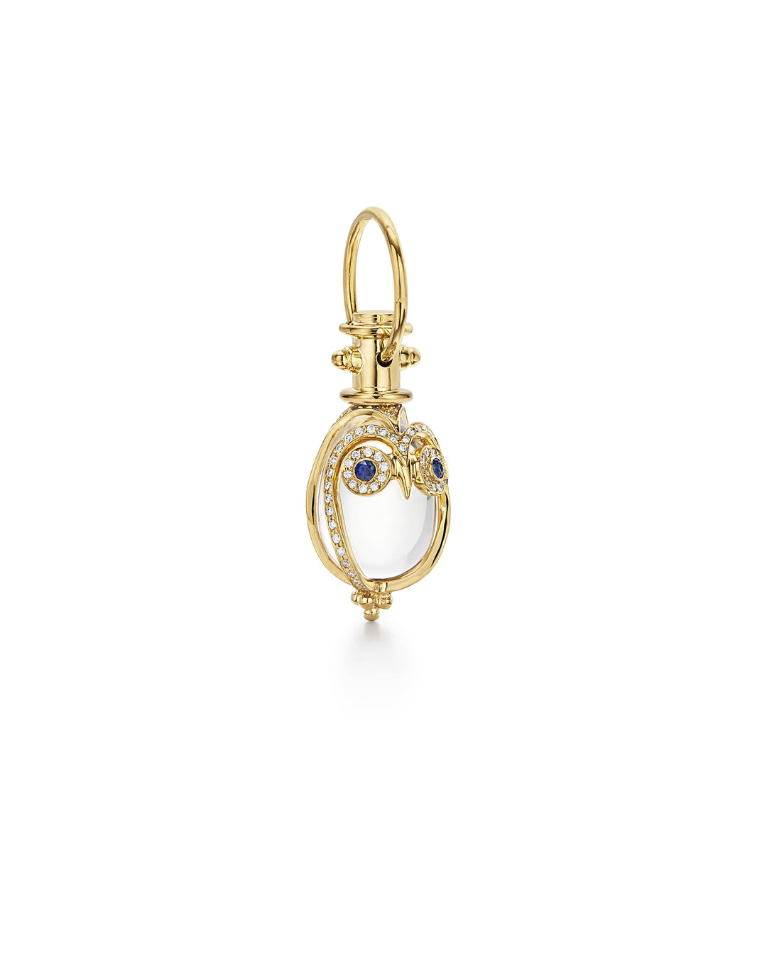 18K YELLOW GOLD 13.88CTS CRYSTAL OWL AMULET WITH PAVE DIAMONDS TOTALING 0.58CTS AND 2 BLUE SAPPHIRES FOR EYES TOTALING 0.10CTS