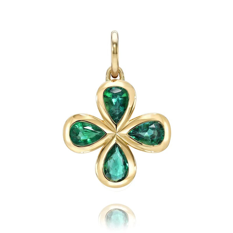 18k yellow gold Rosemary cross charm with 4 Emerald totaling 2.26 carats.
