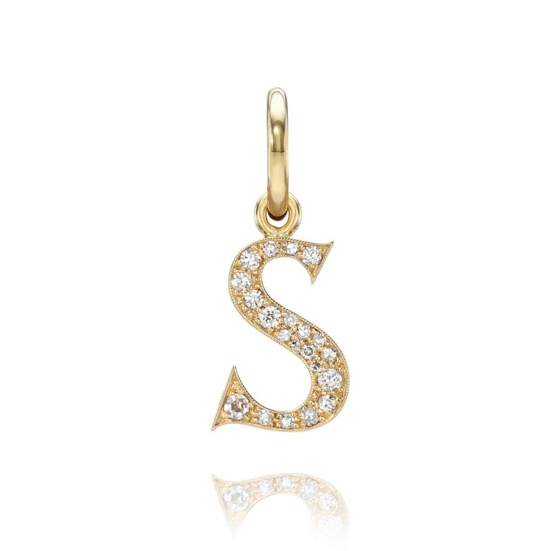 18k yellow gold initial S pendant with Old European cut diamonds totaling 0.22 carats.