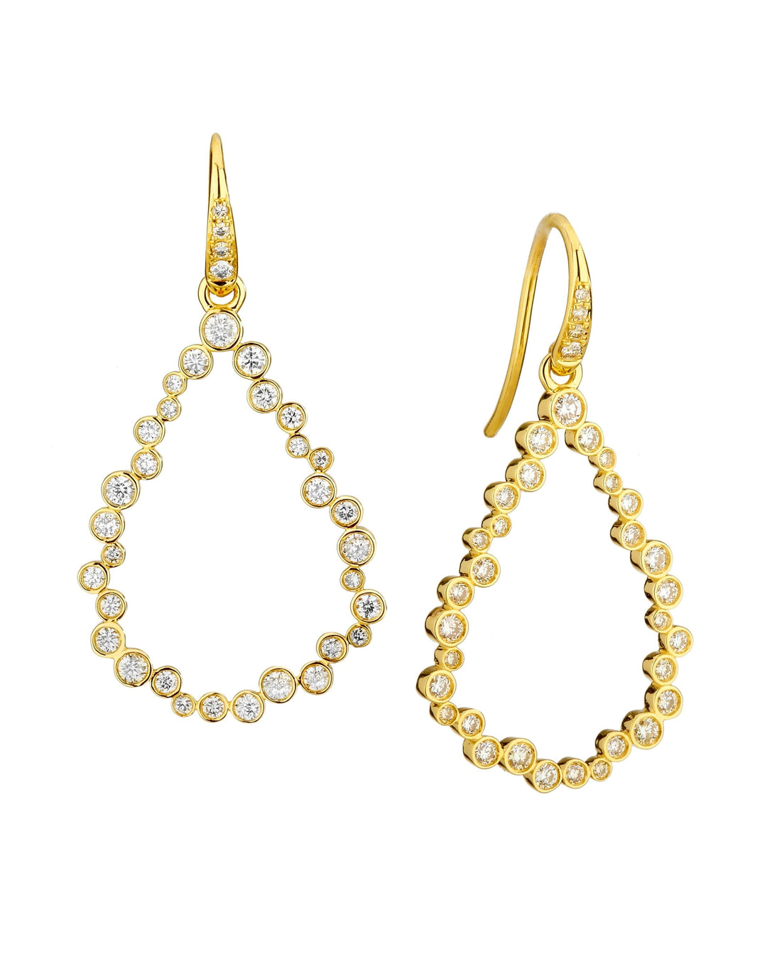 Syna 18k yellow gold, pear shaped drop open earrings with bezel set round diamonds