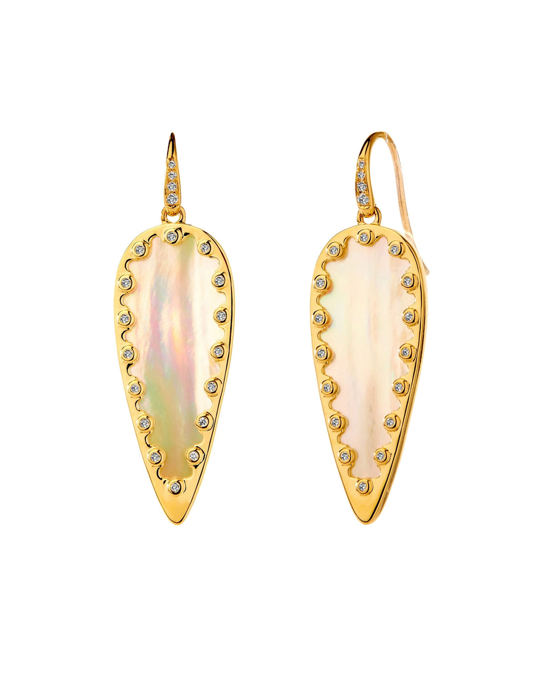 Syna 18k yellow gold, pear shaped drop earrings with Mother of Pearl and Diamonds