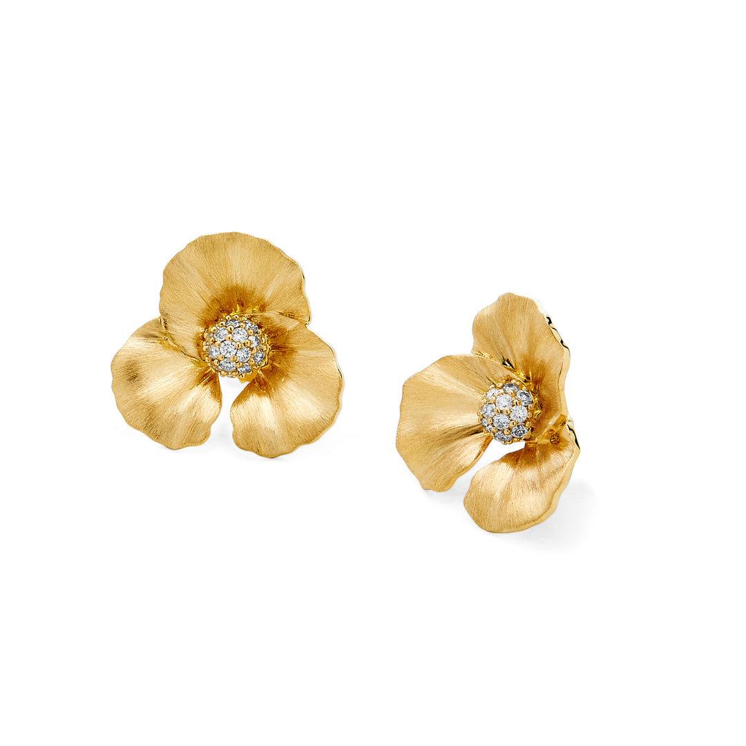 Syna 18k yellow gold, satin finished, flower stud earrings with diamonds