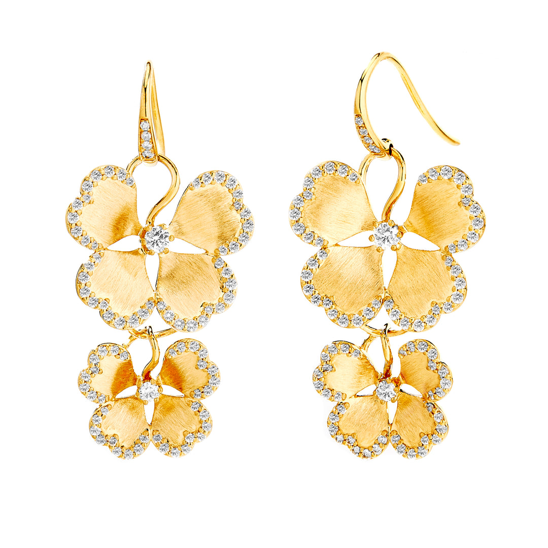 Syna 18k yellow gold, satin finished, double drop flower earrings with round diamonds on edges and in center of each flower