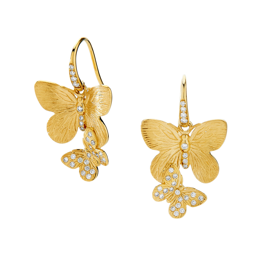 Syna 18k yellow gold, satin finished, double drop butterfly earrings with round diamonds on edges and in center of each station