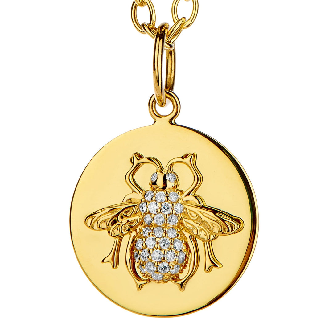 Syna 18k yellow gold, high polished pendant with pave diamond bee center
