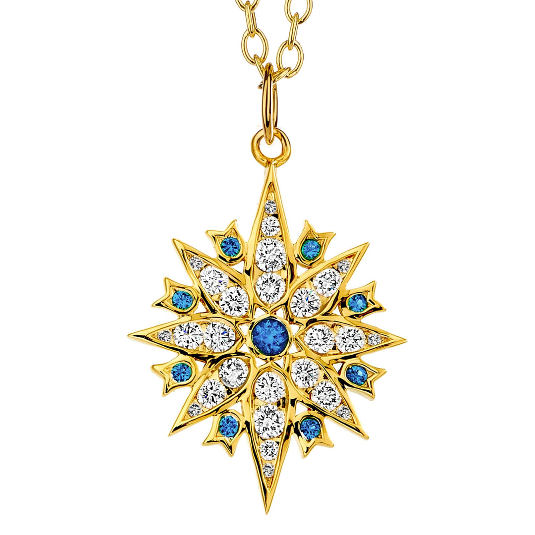 Syna 18k yellow gold star pendant with bezel set blue sapphires and round diamonds *Chain not included*