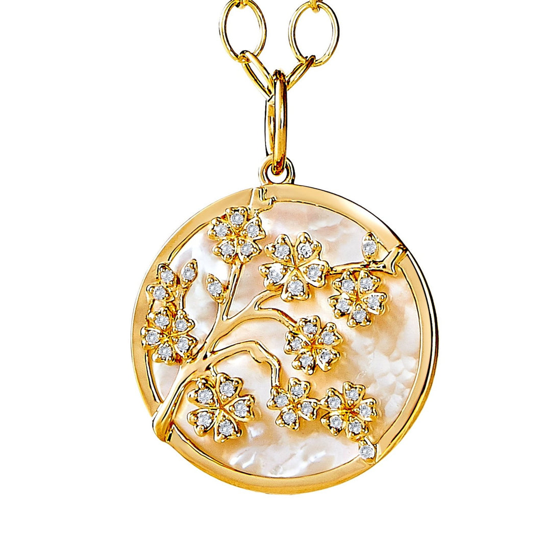 Syna 18k yellow gold mother of pearl and diamond Tree of Life pendant