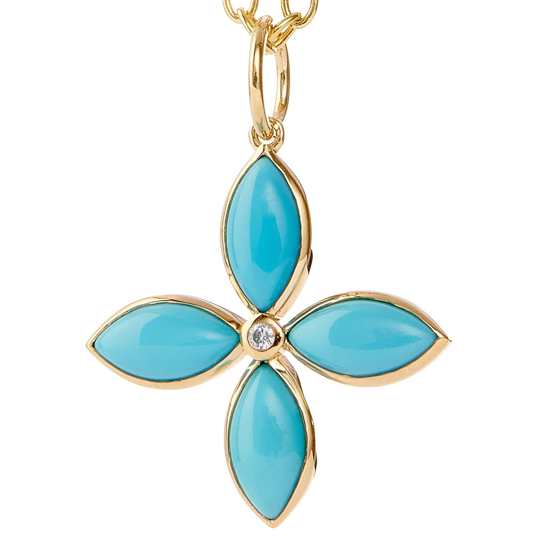 Syna 18k yellow gold, bezel set turquoise cross pendant *Chain not included*