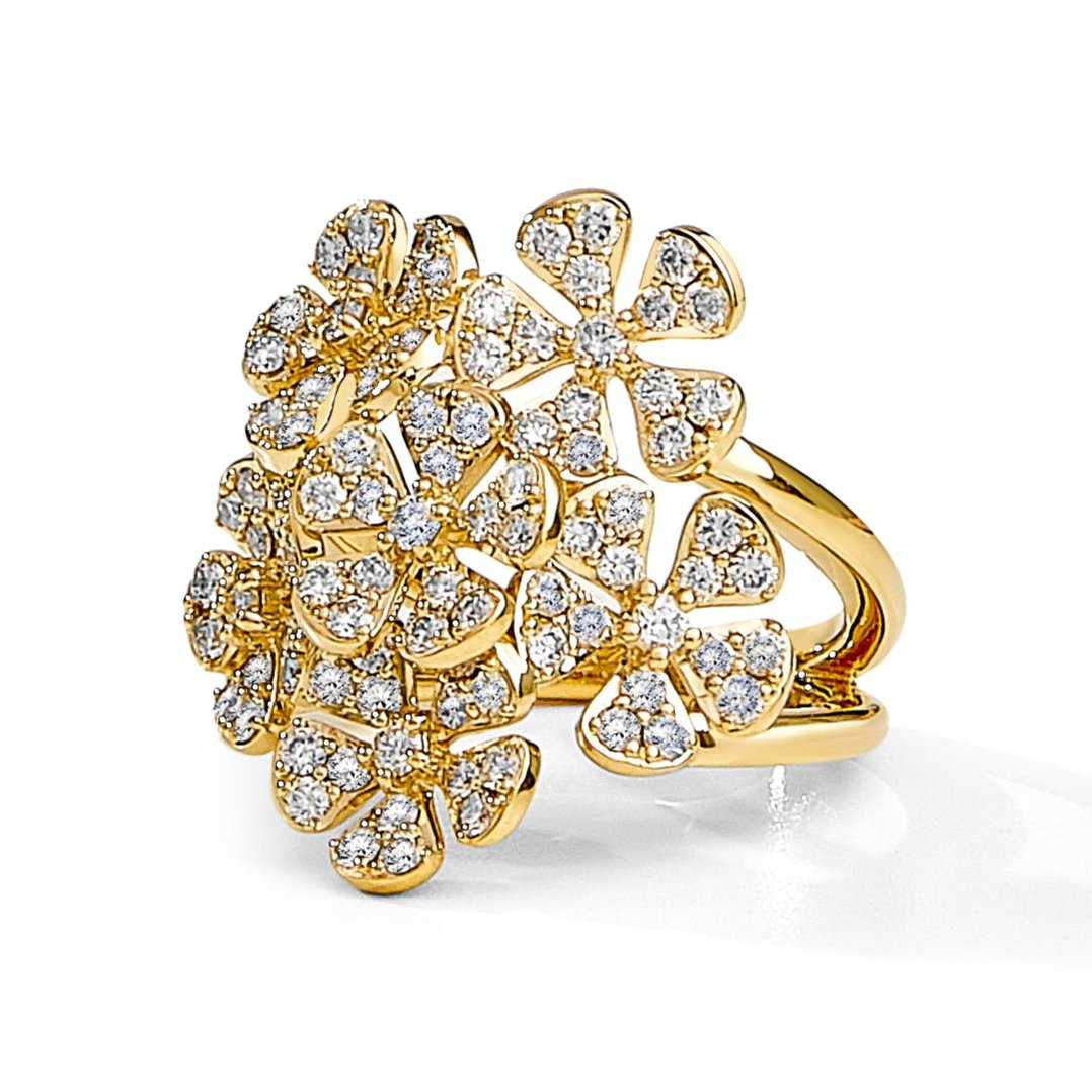 Syna 18k yellow gold wide flower ring with satin finish and pave set round diamonds totaling 1.50 carats