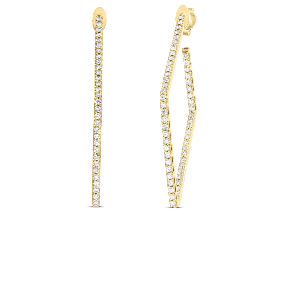 18k yellow gold diamond shaped inside out diamond hoops totaling 1.25cts.