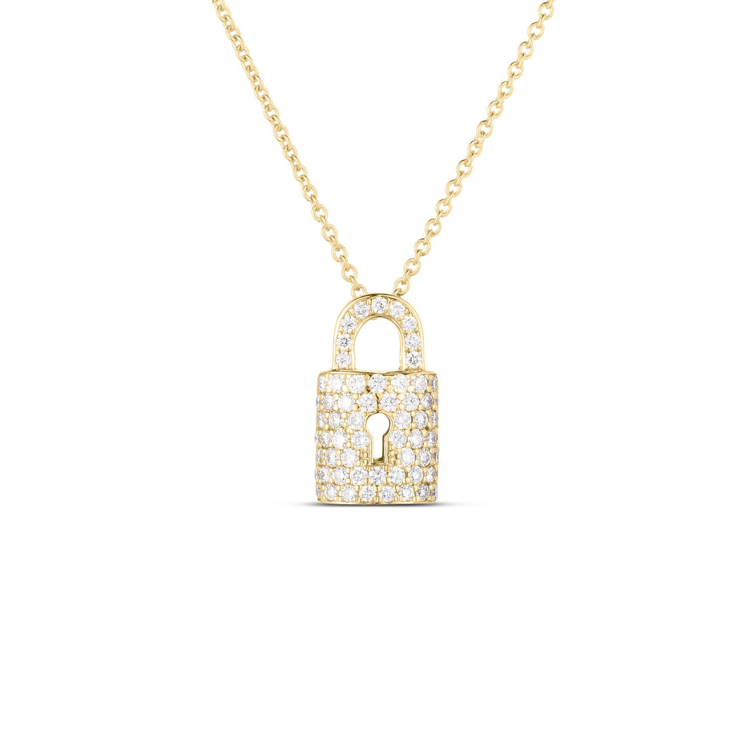 18K YELLOW GOLD TINY TREASURES LOCK CHARM NECKLACE WITH PAVE SET DIAMONDS TOTALING 0.30CTS