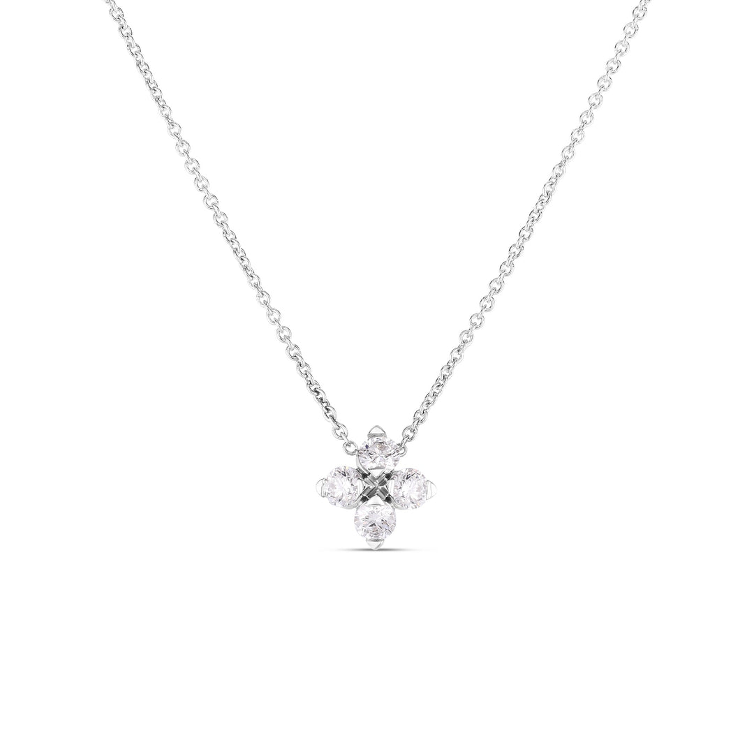 18K WHITE GOLD "LOVE IN VERONA" SMALL FLOWER PENDANT NECKLACE WITH DIAMONDS TOTALING 0.27CTS