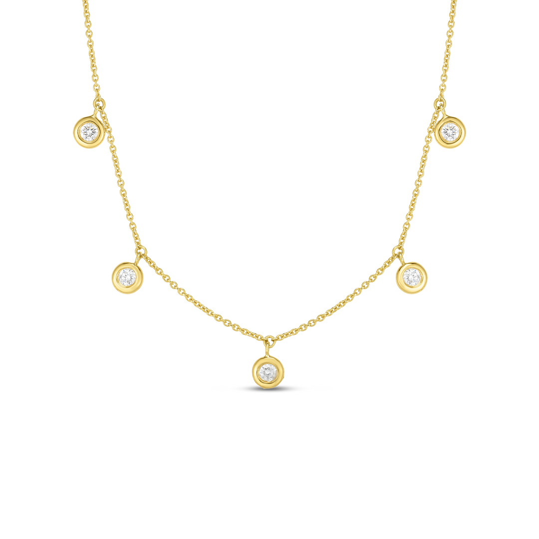 16-18" 18K YELLOW GOLD 5 STATION DANGLE BEZEL SET DIAMOND NECKLACE WITH 5 ROUND DIAMONDS TOTALING 0.23CTS