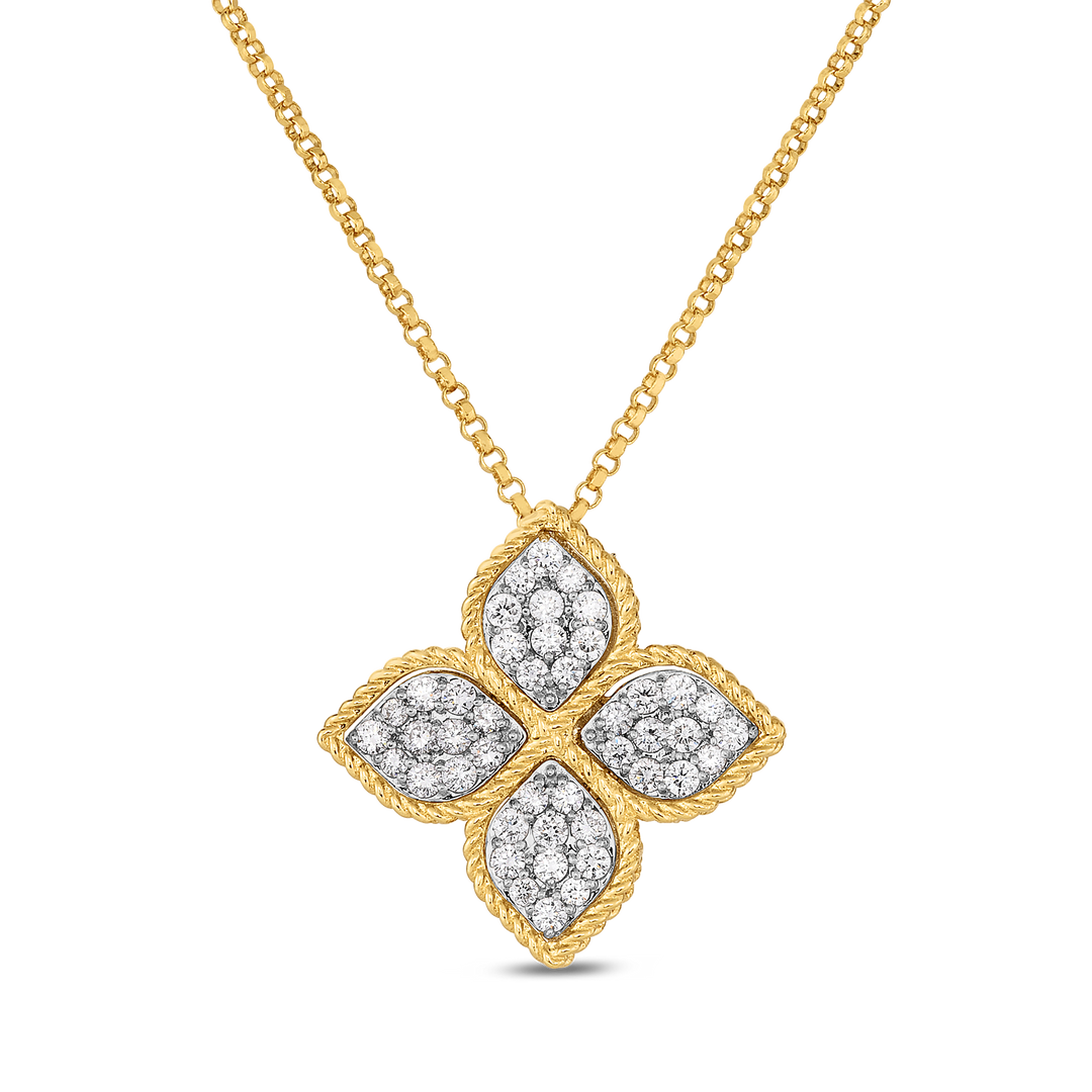 16-18" 18K YELLOW/WHITE GOLD DIAMOND LARGE PRINCESS FLOWER STATION NECKLACE