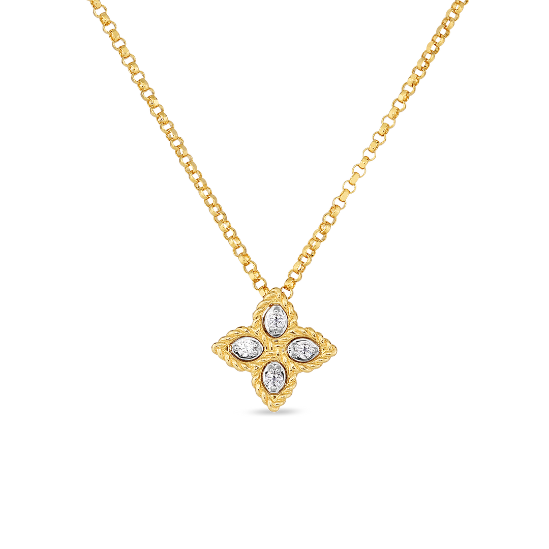 18" 18K YELLOW/WHITE GOLD SMALL PRINCESS FLOWER PENDANT NECKLACE WITH DIAMOND ACCENTS TOTALING 0.04CTS