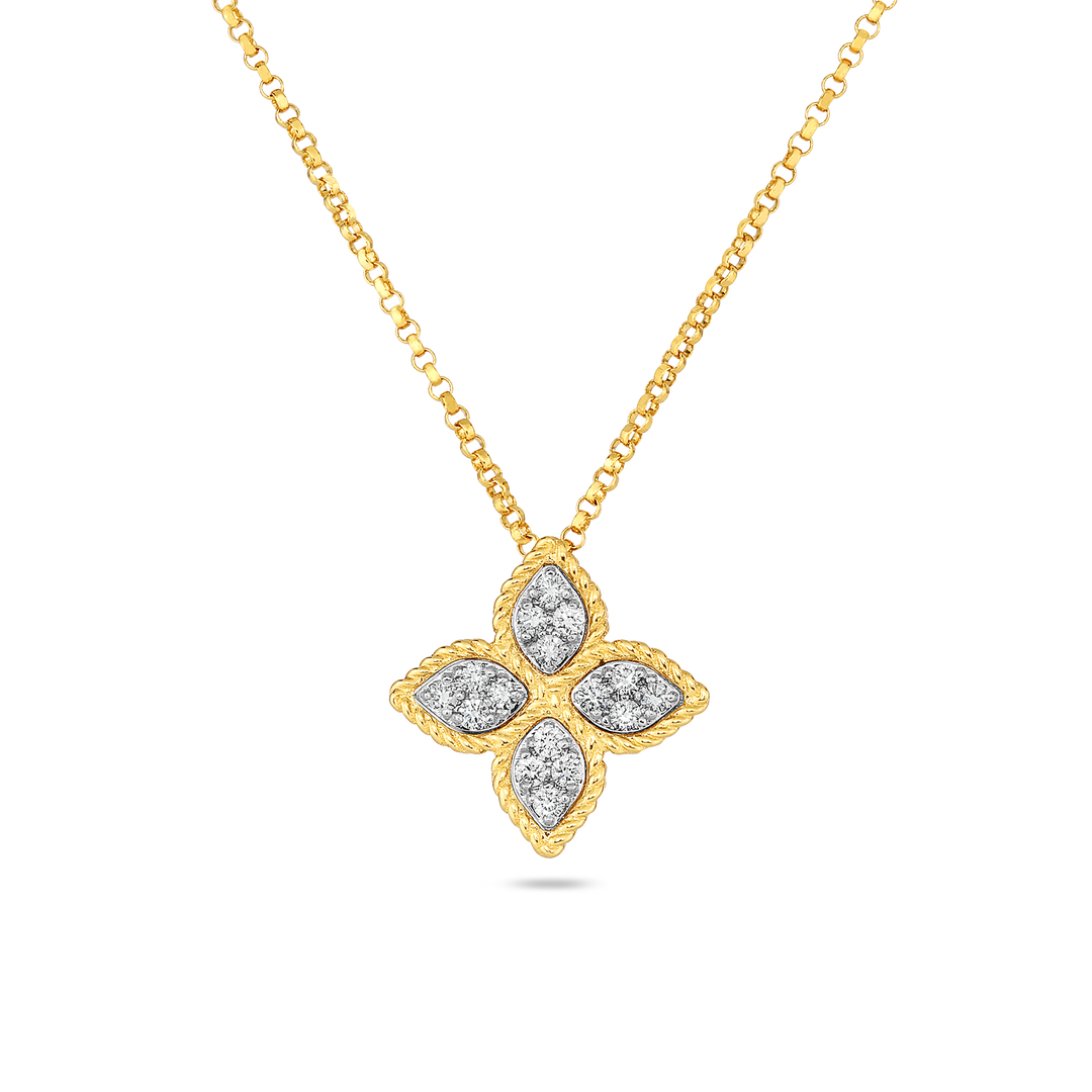 18K YELLOW/WHITE GOLD PRINCESS FLOWER PENDANT WITH DIAMONDS TOTALING 0.107CTS ON ADJUSTABLE 17-18" CHAIN