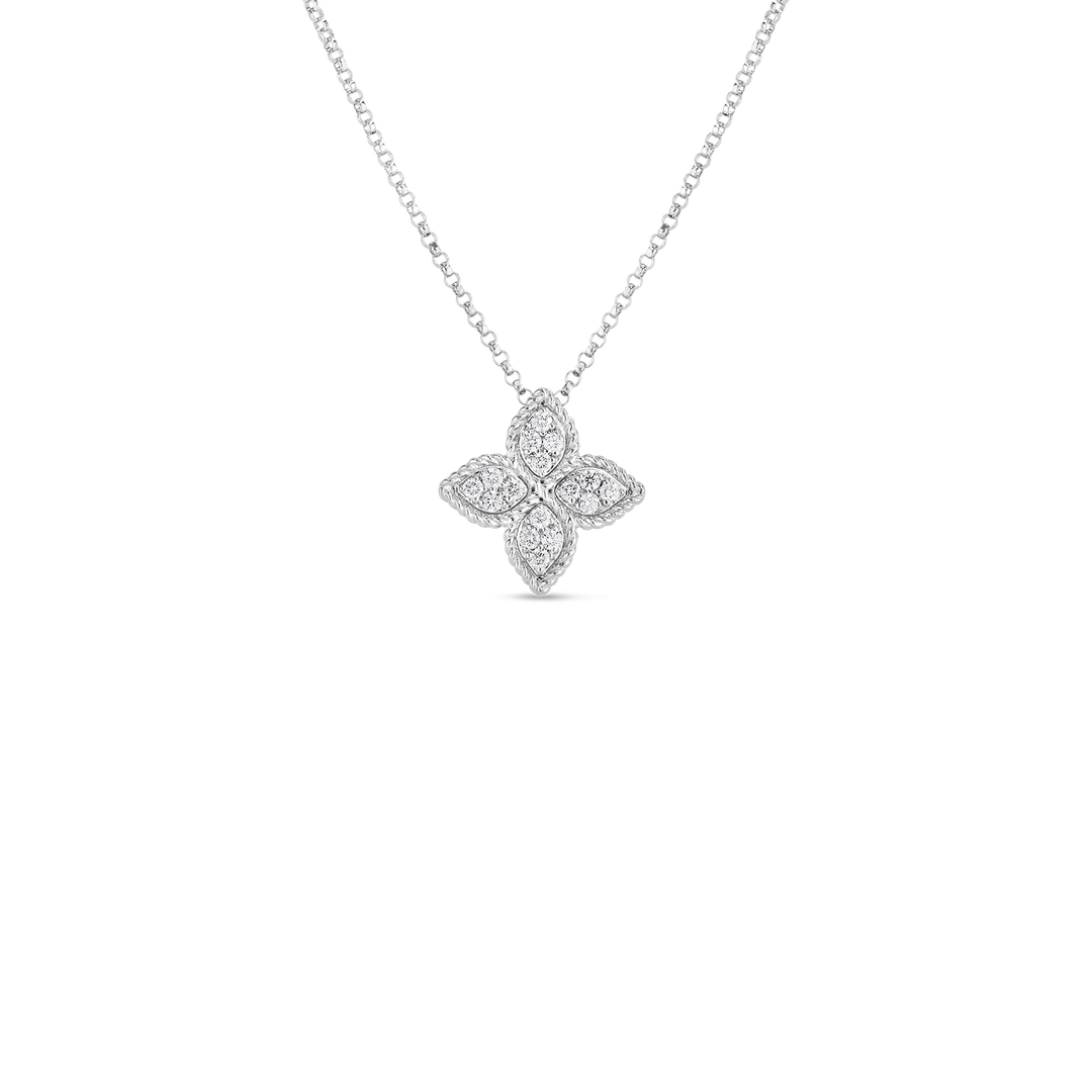 18K WHITE GOLD PRINCESS FLOWER PENDANT WITH DIAMONDS TOTALING 0.107CTS ON ADJUSTABLE 17-18" CHAIN