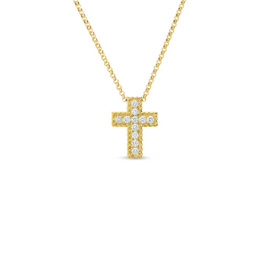 16-18" 18K YELLOW GOLD PRINCESS CROSS NECKLACE CONTAINING 0.15CTS., TOTAL WEIGHT OF DIAMOND ACCENTS