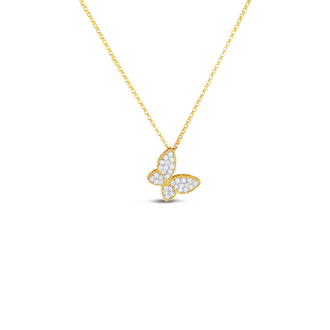 18" 18K YELLOW/WHITE GOLD BUTTERFLY PENDANT NECKLACE WITH 0.25CTS., TOTAL WEIGHT OF DIAMOND ACCENTS