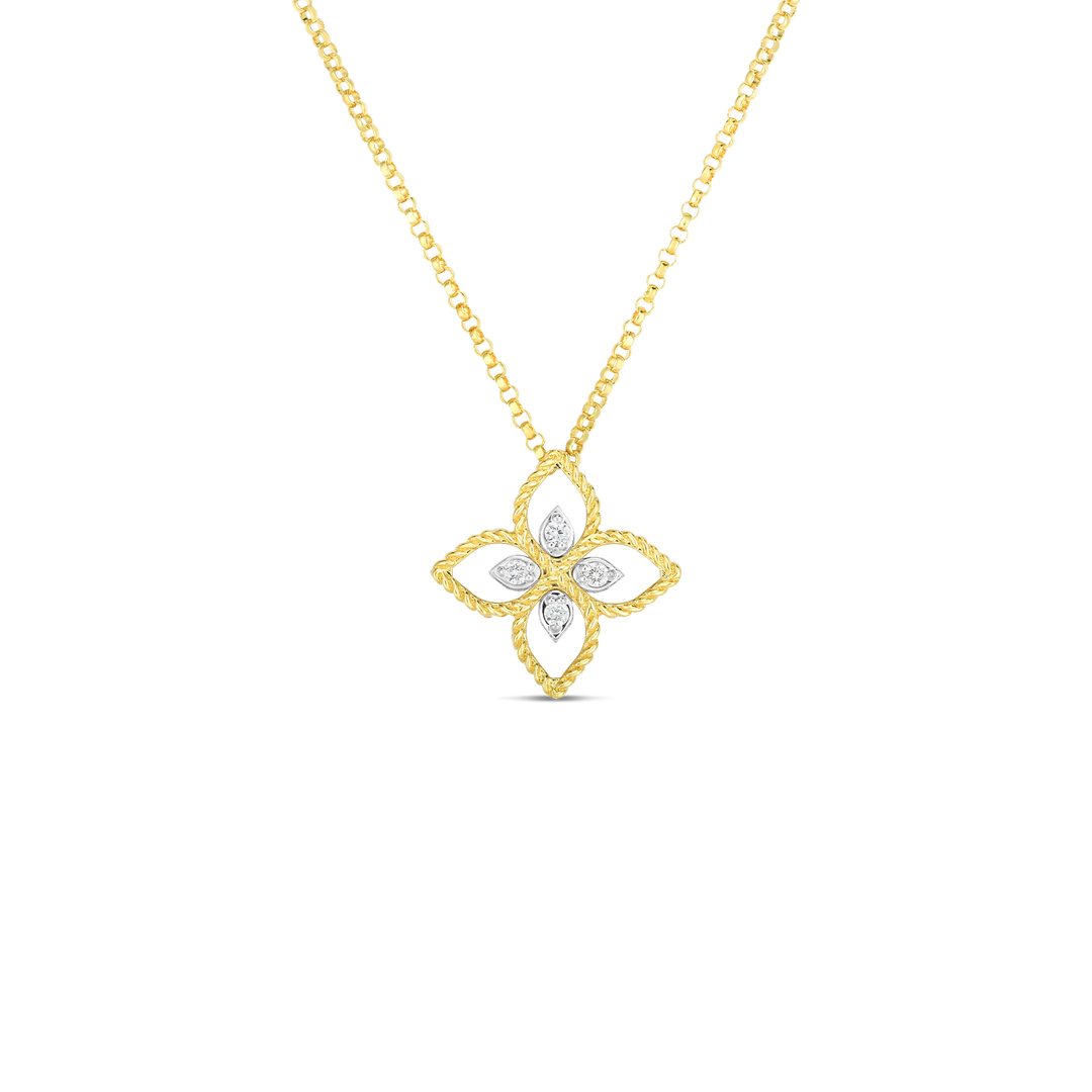 18K YELLOW/WHITE GOLD PRINCIPESSA FLOWER PENDANT NECKLACE WITH DIAMOND ACCENTS