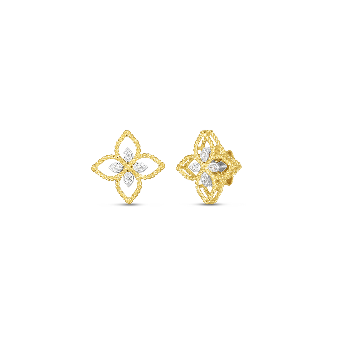 18K YELLOW/WHITE GOLD PRINCIPESSA FLOWER STUDS WITH DIAMONDS TOTALING 0.09CTS