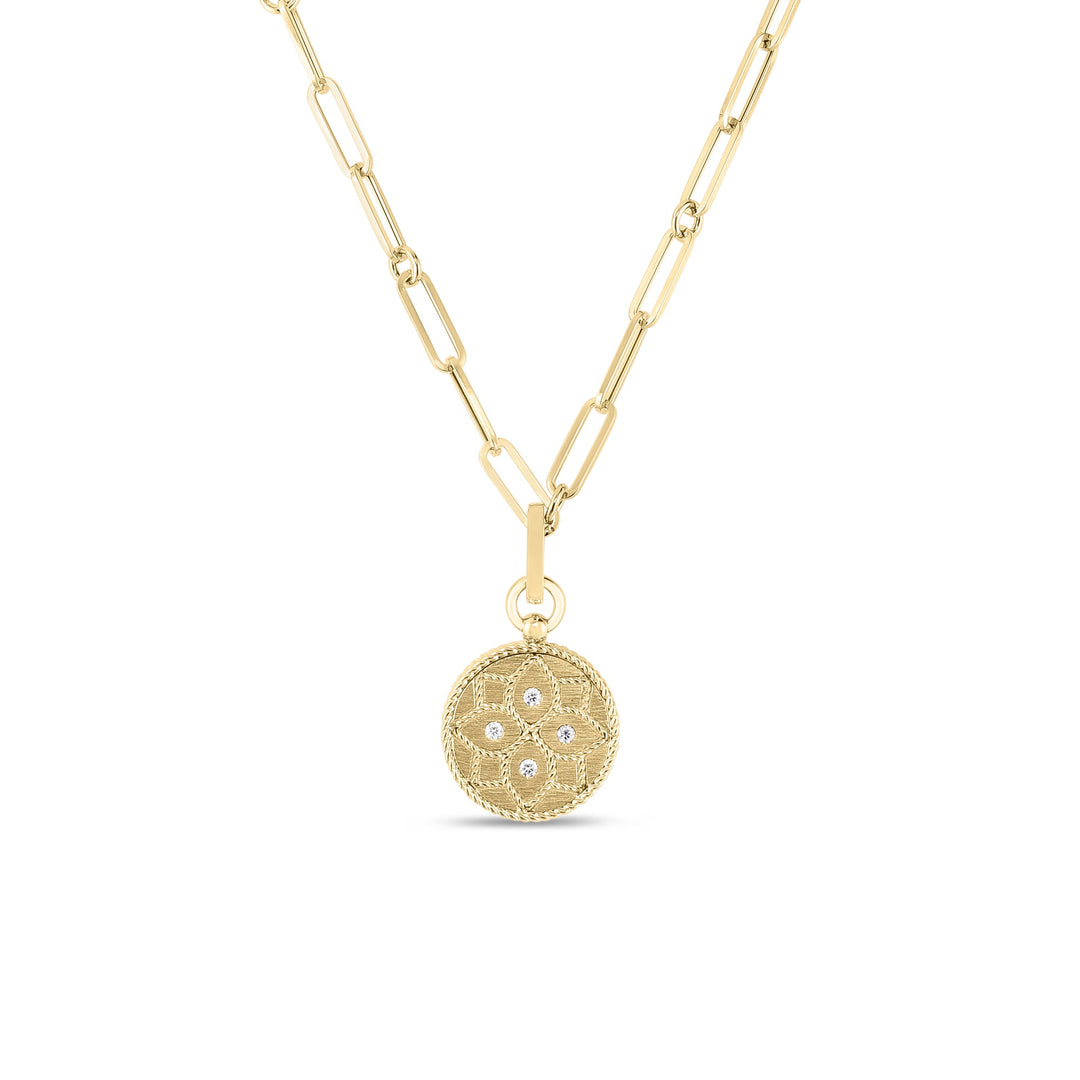 19" 18K YELLOW GOLD PAPERCLIP CHAIN NECKLACE WITH REMOVABLE SMALL VENETIAN PRINCESS MEDALLION WITH 0.08CTS OF DIAMONDS