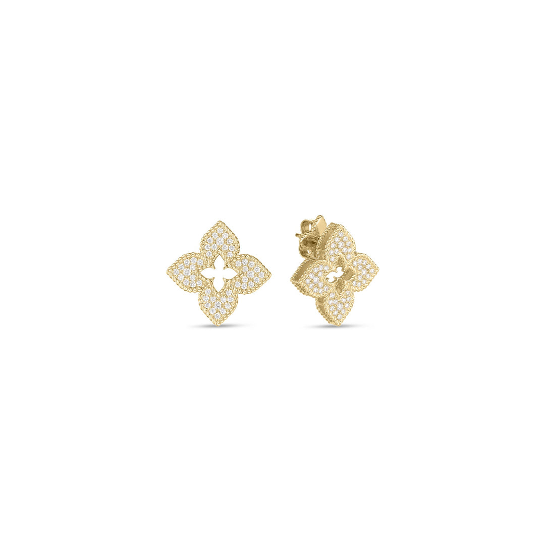 18K YELLOW GOLD LARGE VENETIAN PRINCESS FLOWER STUD EARRINGS CONTAINING DIAMONDS TOTALING 0.65CTS