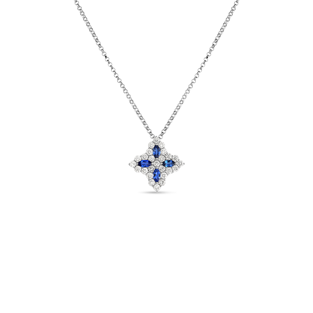 17" 18K WHITE GOLD PRINCESS FLOWER PENDANT NECKLACE WITH 4 BLUE SAPPHIRES TOTALING 0.32CTS AND DIAMOND ACCENTS TOTALING 0.50CTS