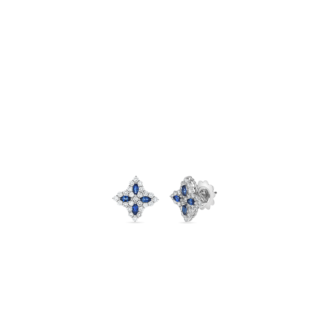 18K WHITE GOLD PRINCESS FLOWER STUDS EARRINGS WITH 8 BLUE SAPPHIRES TOTALING 0.65CTS AND DIAMOND ACCENTS TOTALING 1.01CTS