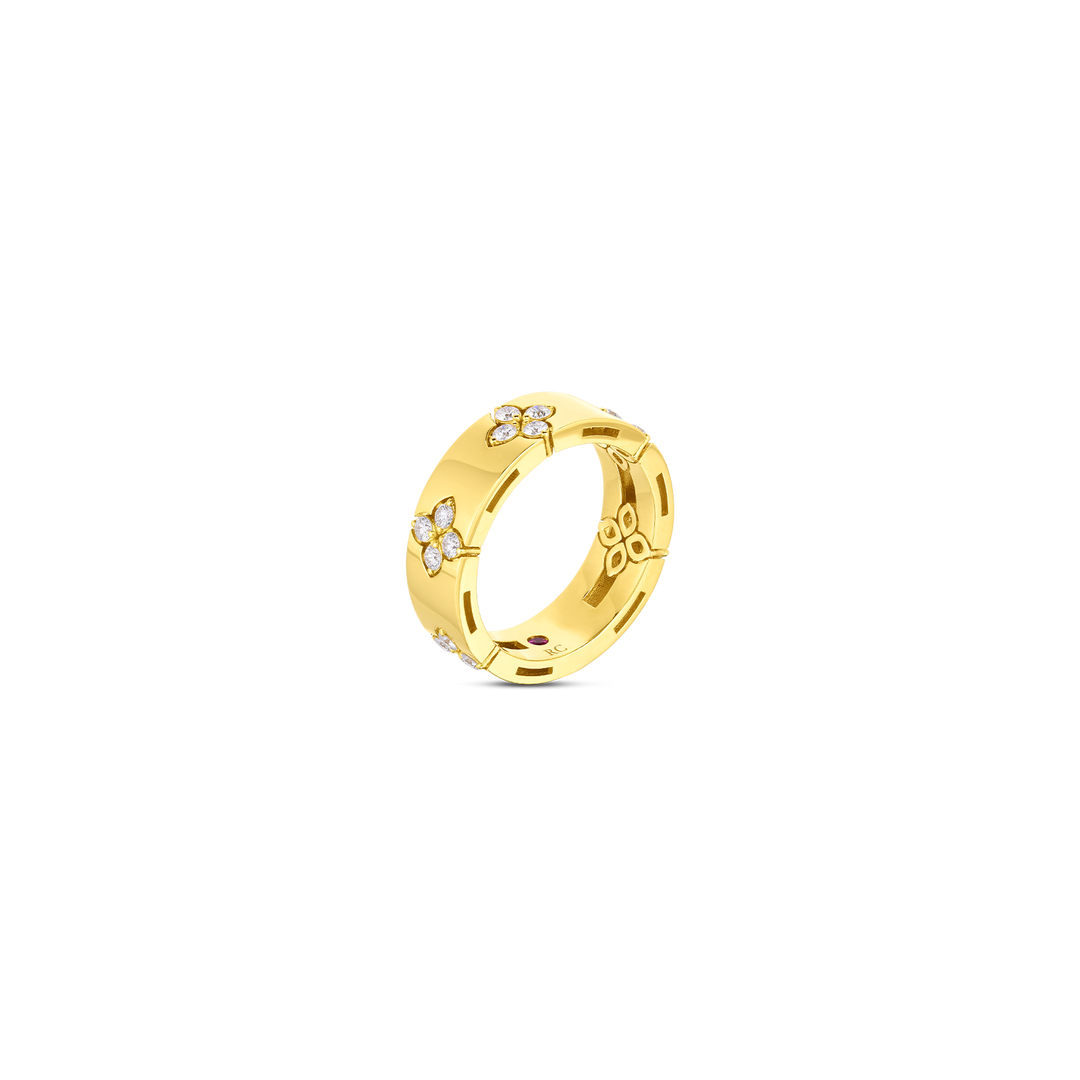 18K YELLOW GOLD HIGH POLISHED VERONA RING WITH 5 DIAMOND ACCENT STATIONS CONTAINING 20 ROUND DIAMONDS TOTALING 0.45CTS
