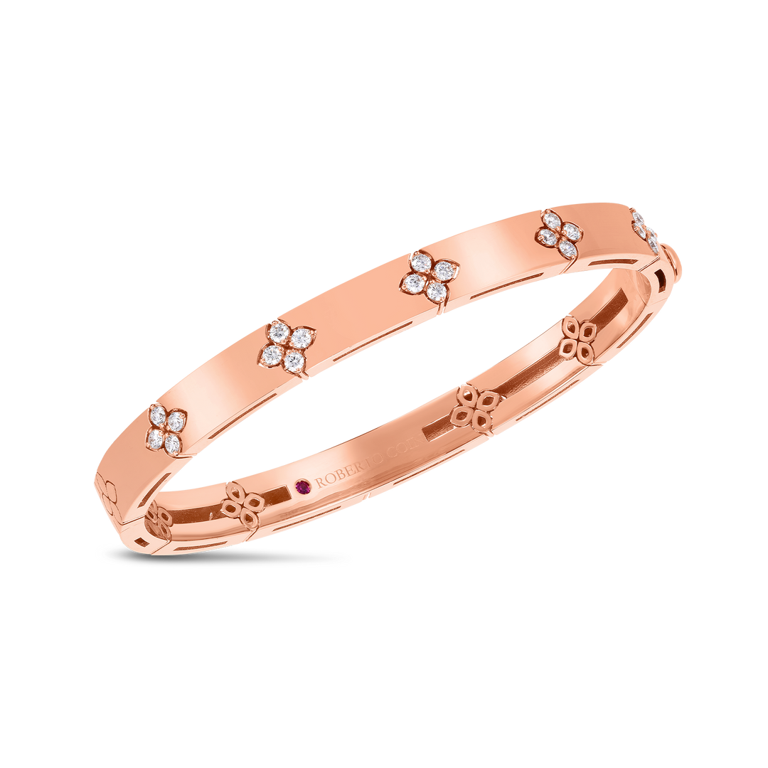 18K ROSE GOLD VERONA BANGLE (48X58) BRACELET WITH 5 DIAMOND STATIONS CONTAINING 20 ROUND DIAMONDS TOTALING 0.15CTS