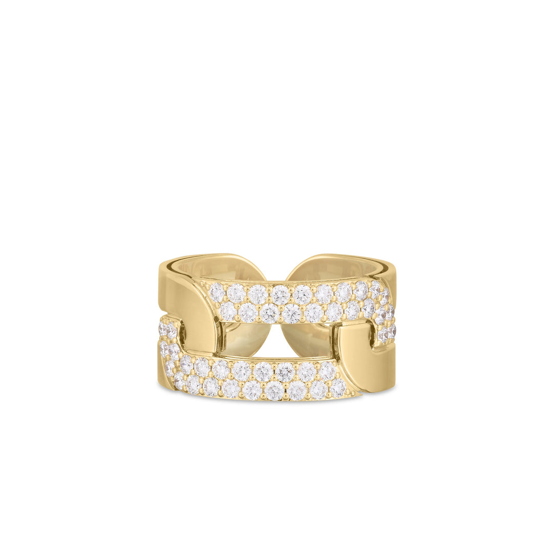 18K YELLOW GOLD WIDE NAVARRA BAND WITH OPEN BACK AND PAVE SET DIAMOND ACCENTS
