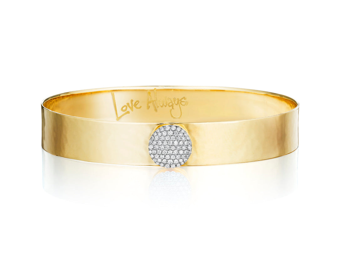 Yellow Gold Diamond Hammered Large Infinity Love Always Bracelet 68 Diamonds totaling 0.30cts