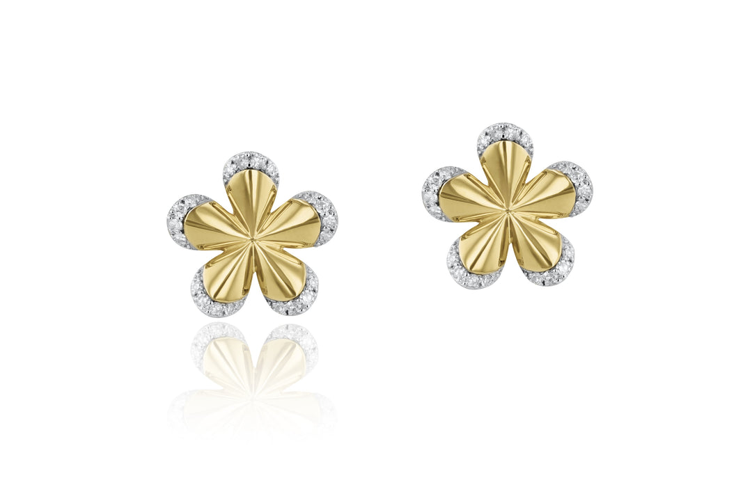 High Polish Yellow Gold and Diamond Petal Pave Edge Forget-Me-Not Small Studs: 40 Diamonds; 0.18tcw