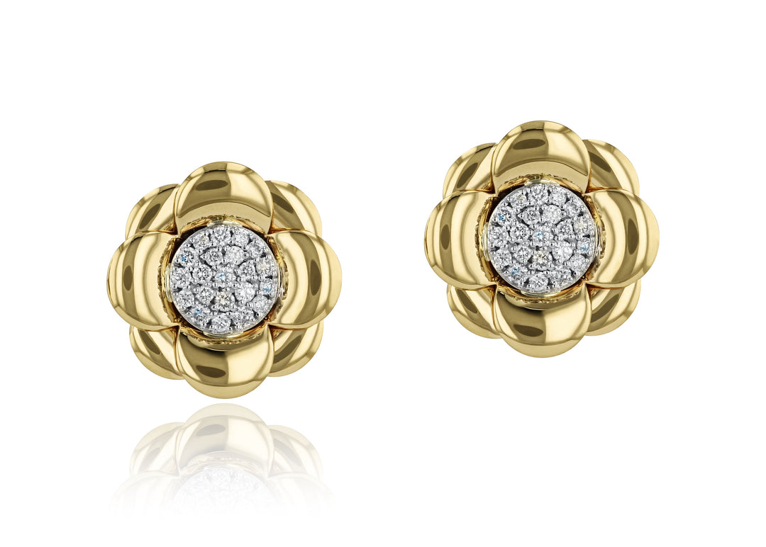 Yellow Gold and Diamond 8 Petal Dahlia Large Stud: 42 Diamonds; 0.47tcw