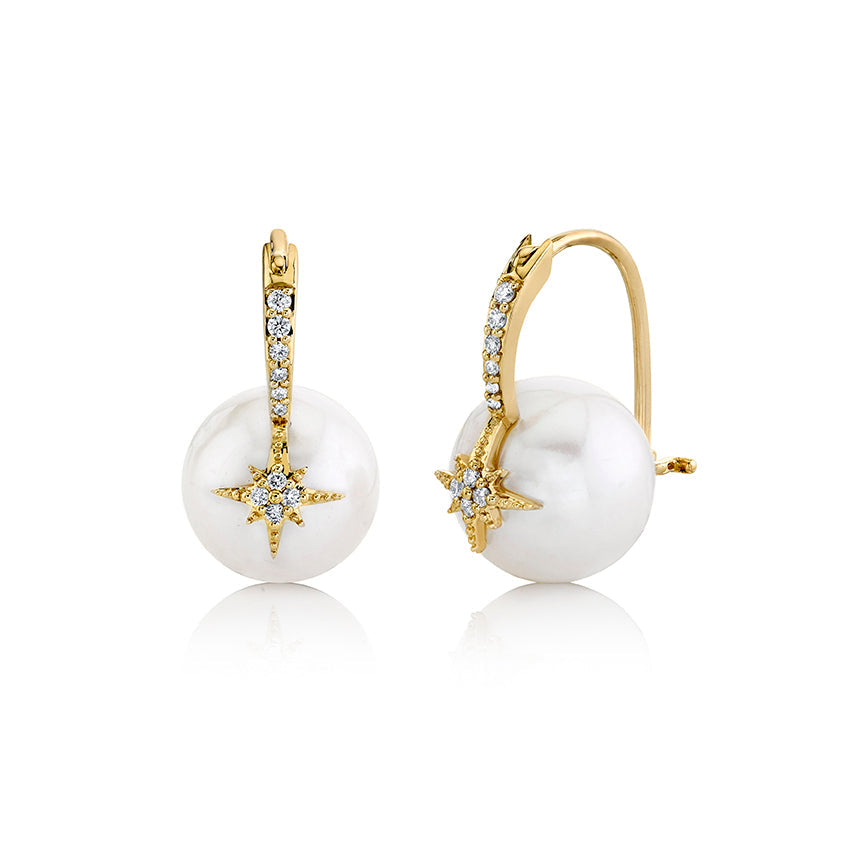 14K YELLOW GOLD EARRINGS WITH FRESHWATER PEARL ACCENTED BY DIAMOND STARBURST
