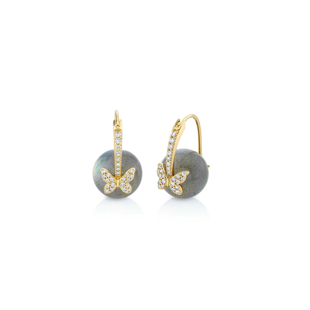 14K YELLOW GOLD EARRINGS WITH LABRADORITE ACCENTED BY DIAMOND BUTTERFLY